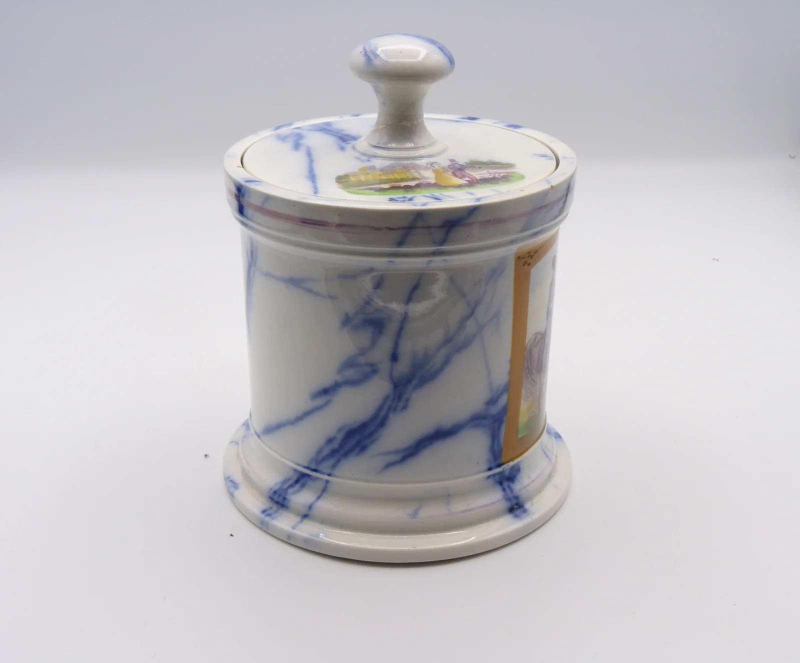 Rare and Unusual Flow Blue Marble & Decal Tobacco Jar - Image 9