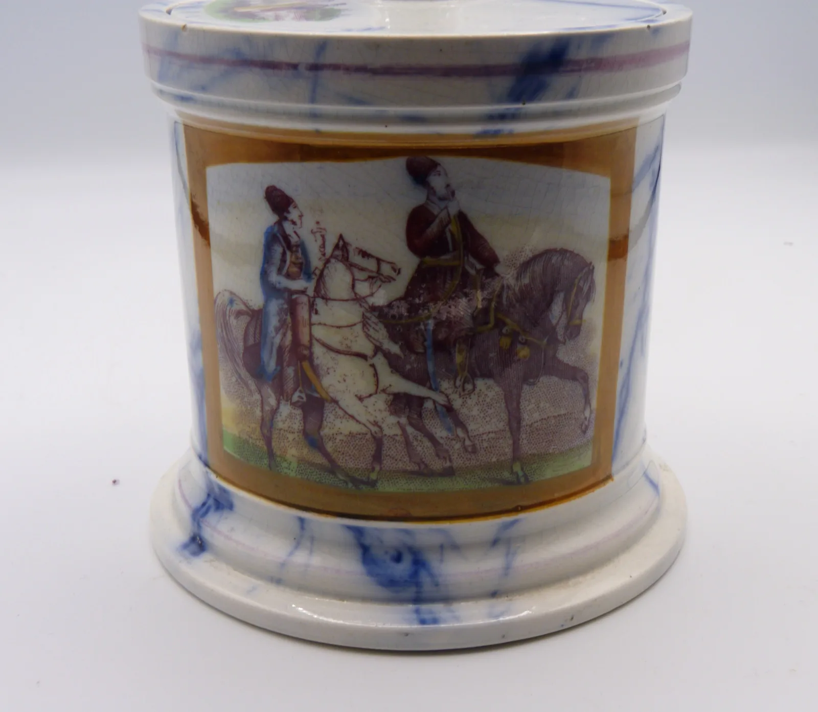 Rare and Unusual Flow Blue Marble & Decal Tobacco Jar - Image 10