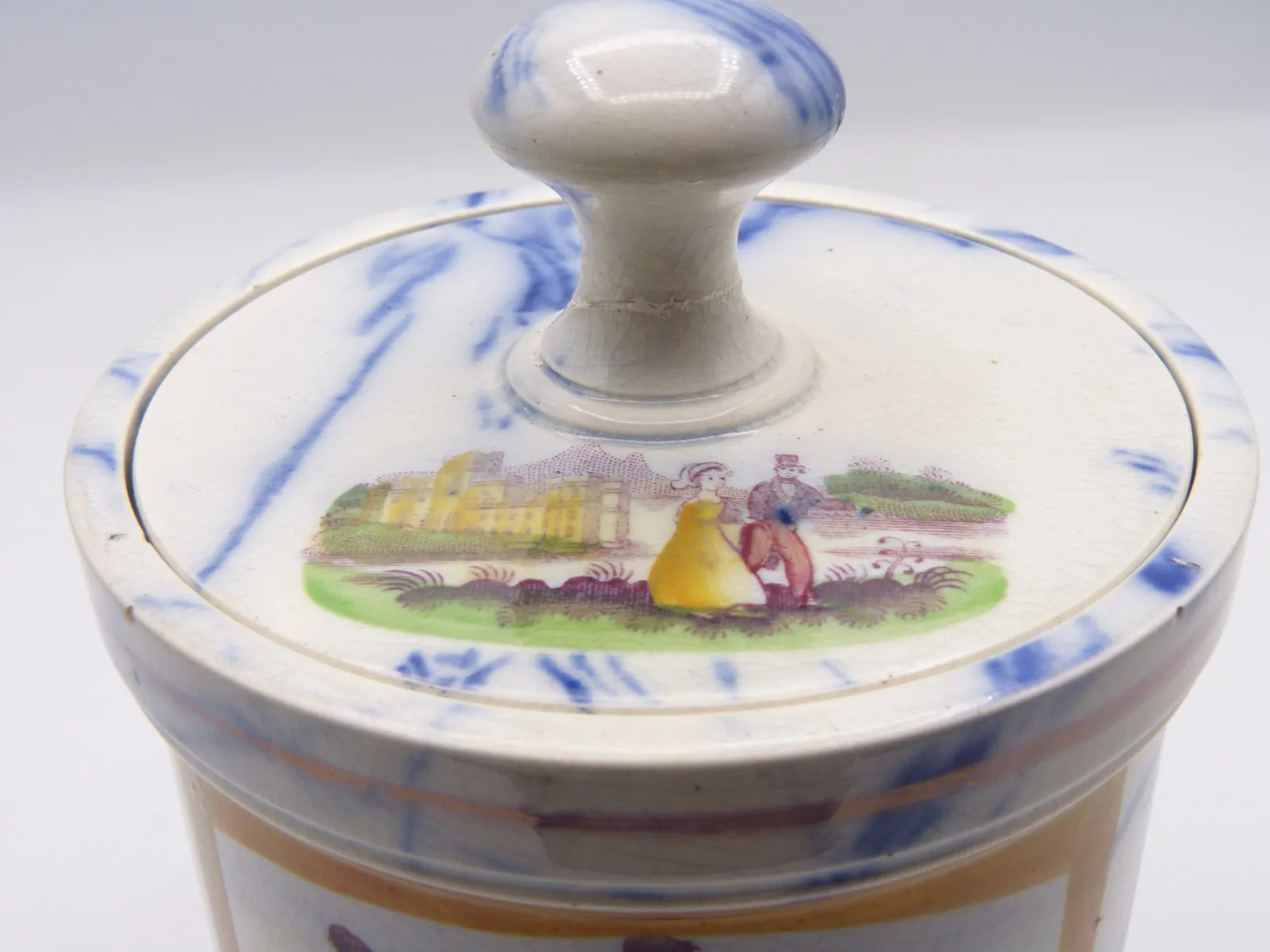 Rare and Unusual Flow Blue Marble & Decal Tobacco Jar - Image 11