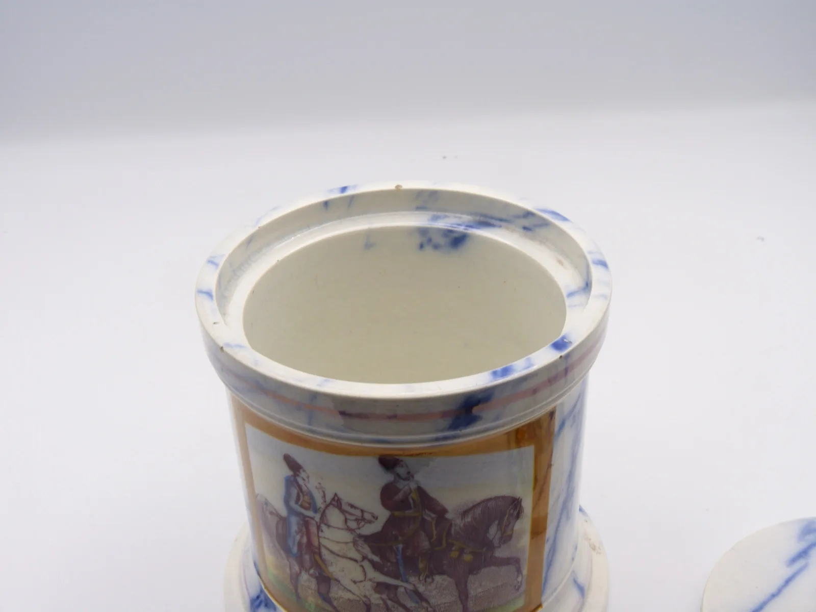 Rare and Unusual Flow Blue Marble & Decal Tobacco Jar - Image 12