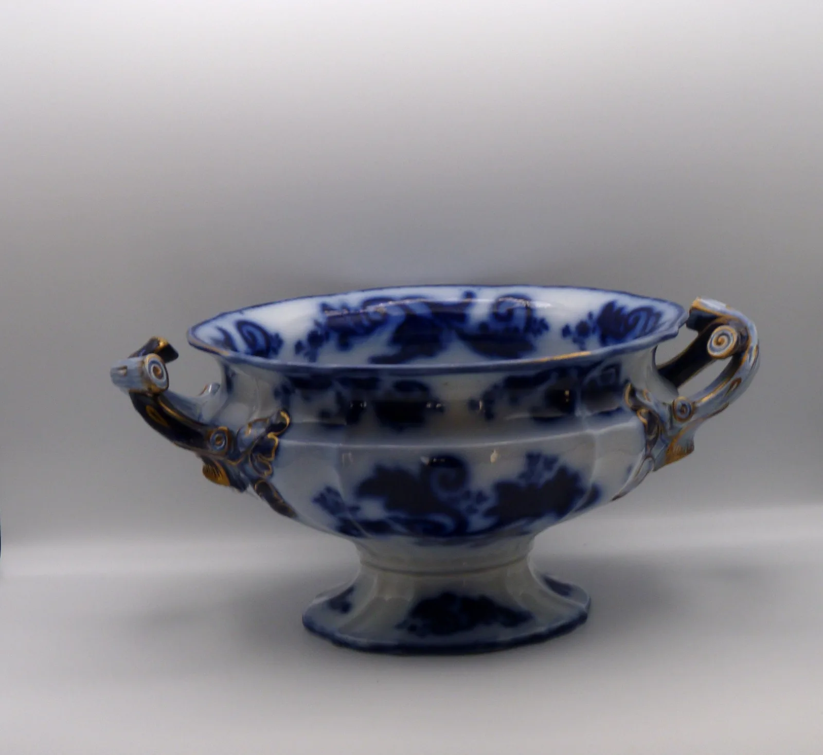 Beautiful Early Twig Handled Flow Blue Compote