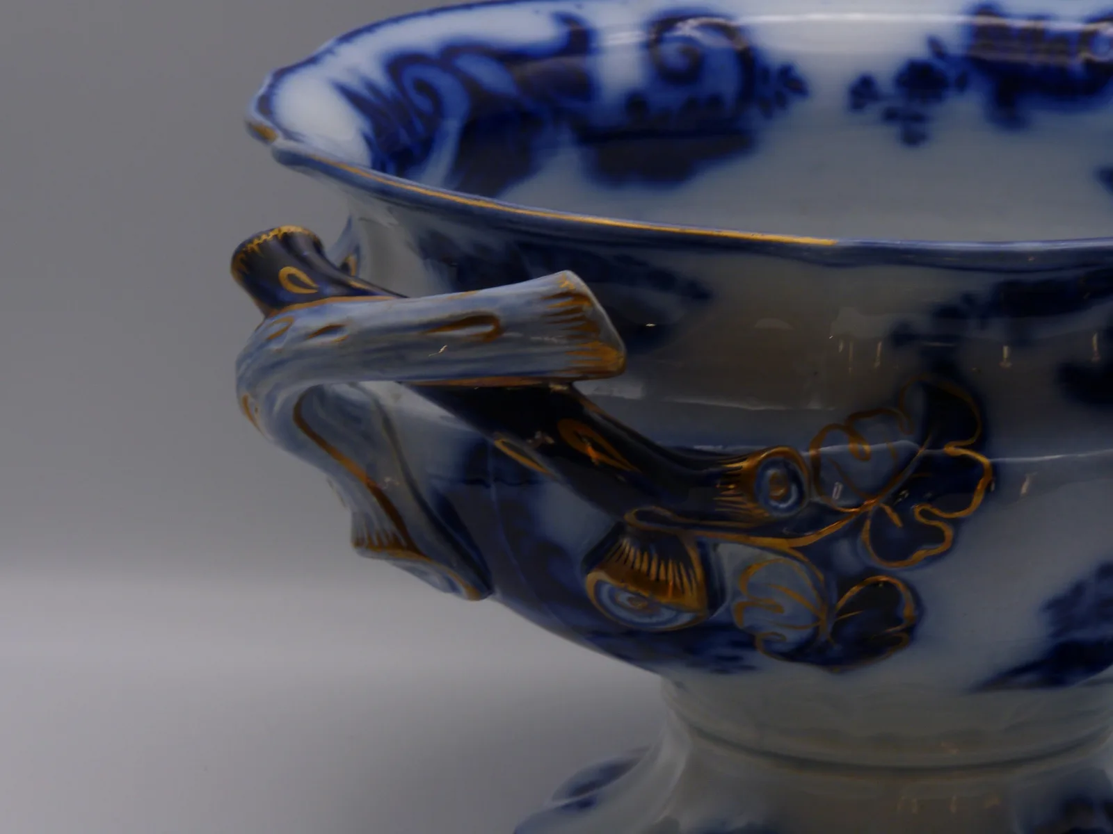 Beautiful Early Twig Handled Flow Blue Compote - Image 3