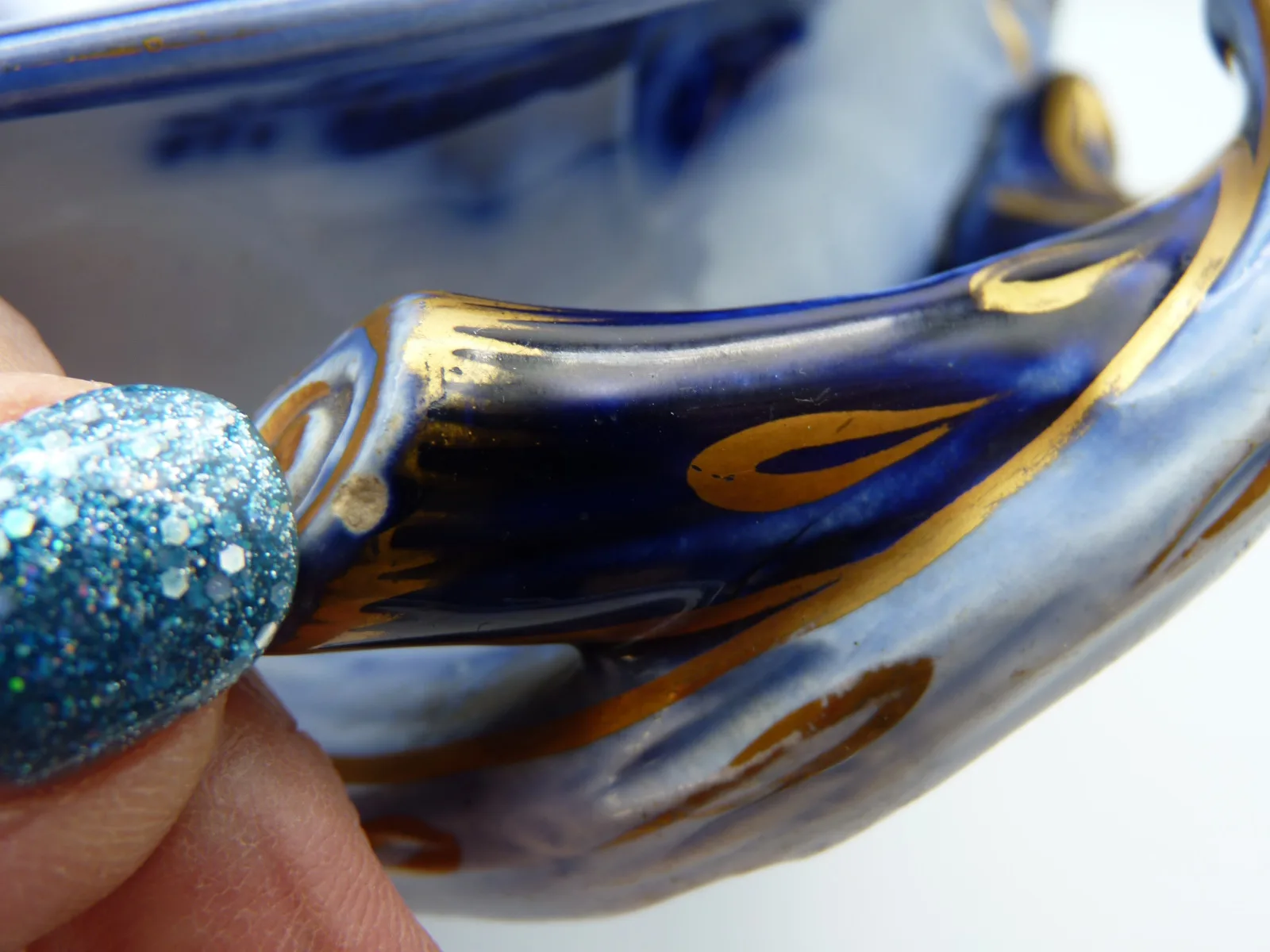 Beautiful Early Twig Handled Flow Blue Compote - Image 6