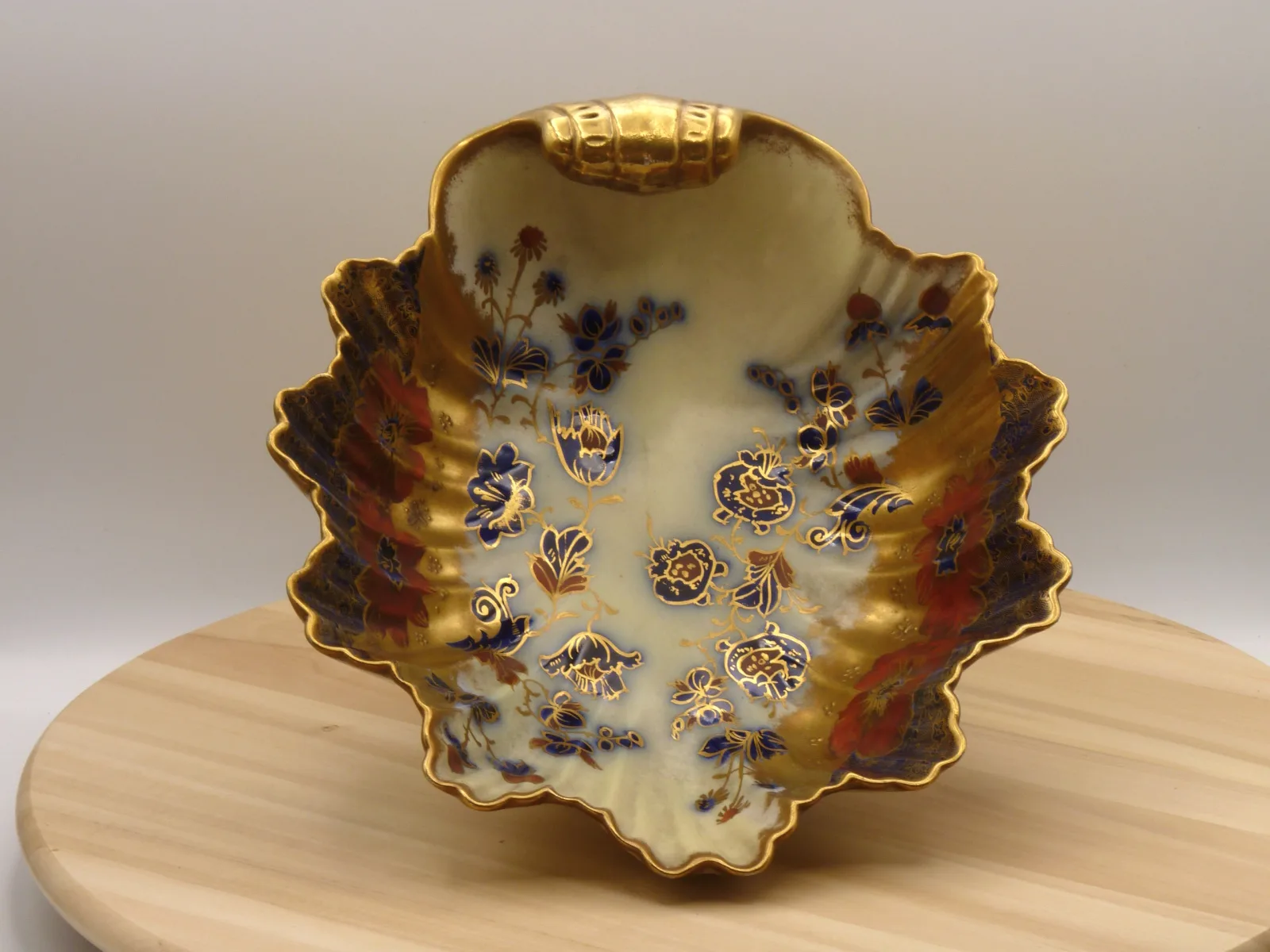 Eye Catching Flow Blue, Heavy Gold & Polychrome Shaped Bowl