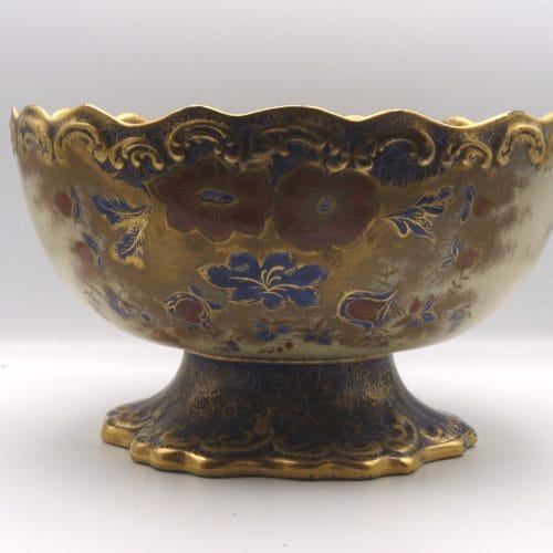 Flow Blue, Heavy Gold & Polychrome Pedestal Bowl