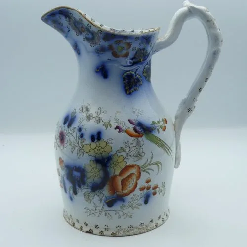 Flow Blue & Polychrome Jug - Exotic Birds and Flowers