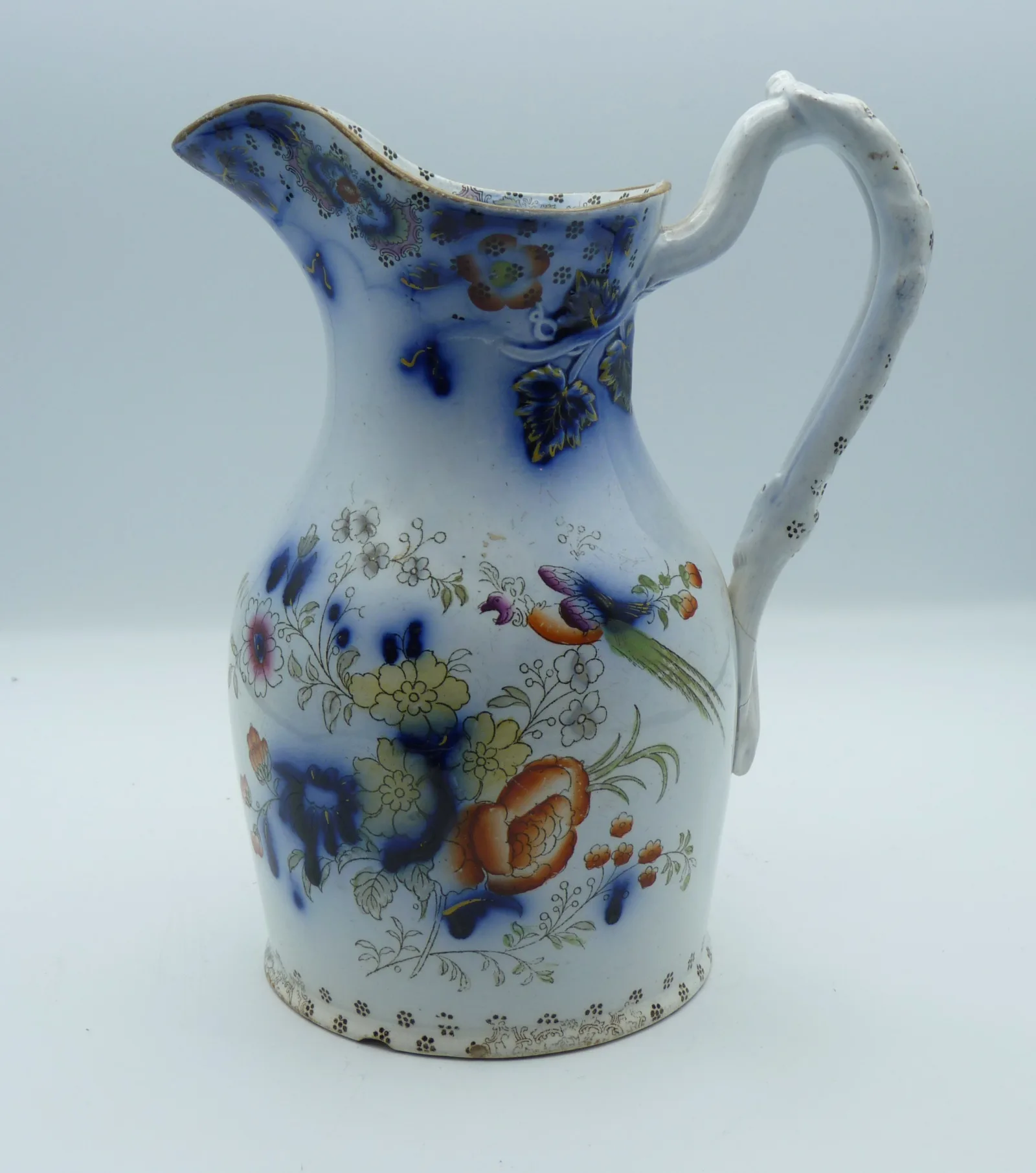 Flow Blue & Polychrome Jug - Exotic Birds and Flowers