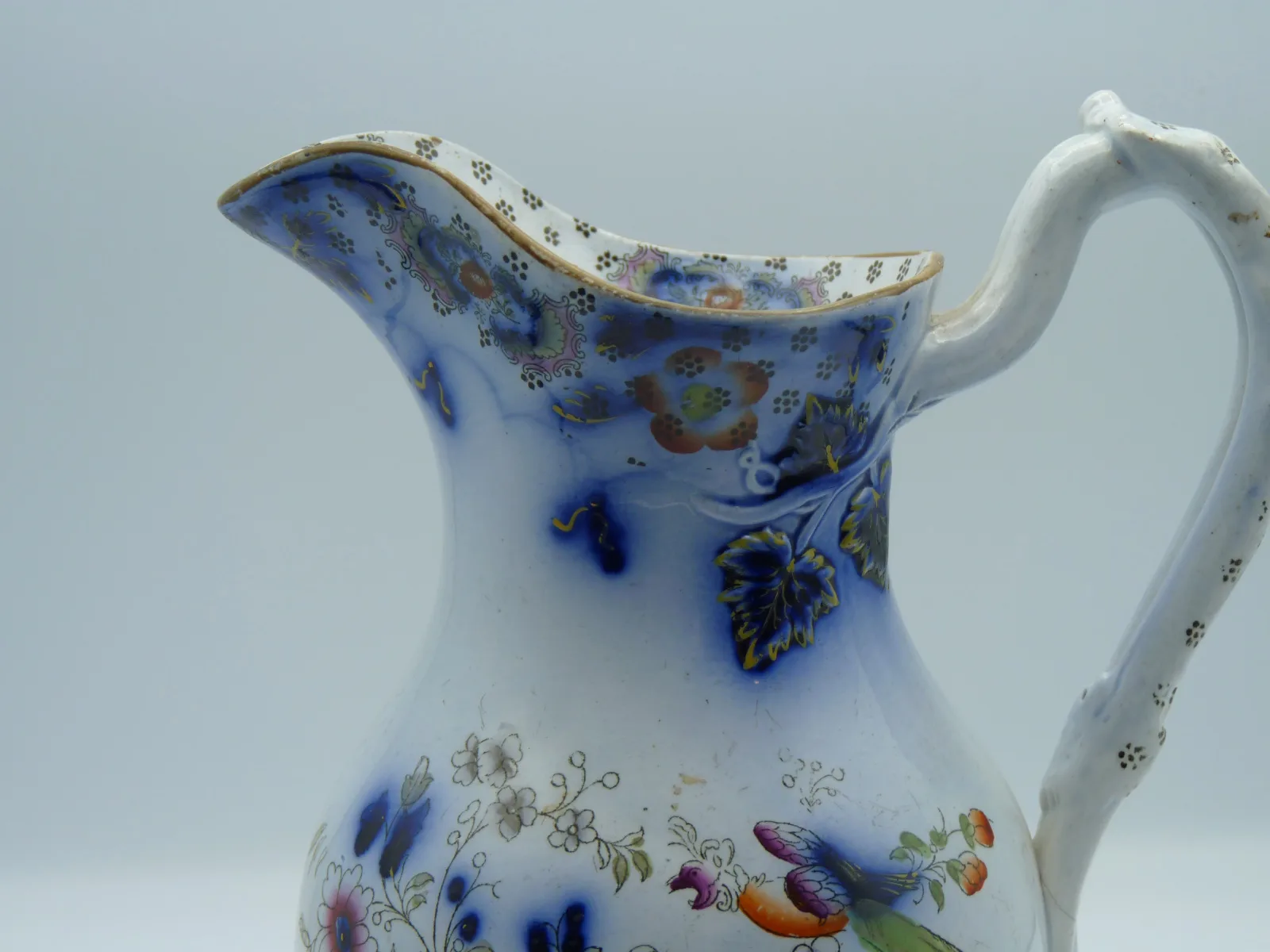 Flow Blue & Polychrome Jug - Exotic Birds and Flowers - Image 2