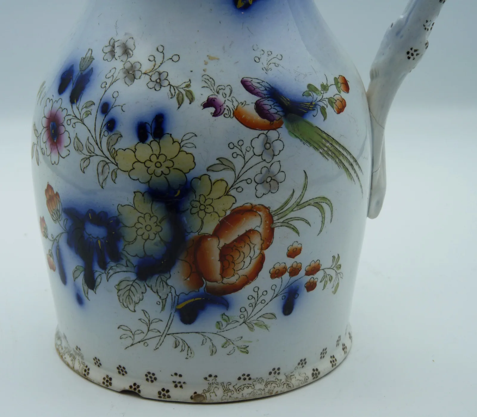 Flow Blue & Polychrome Jug - Exotic Birds and Flowers - Image 3
