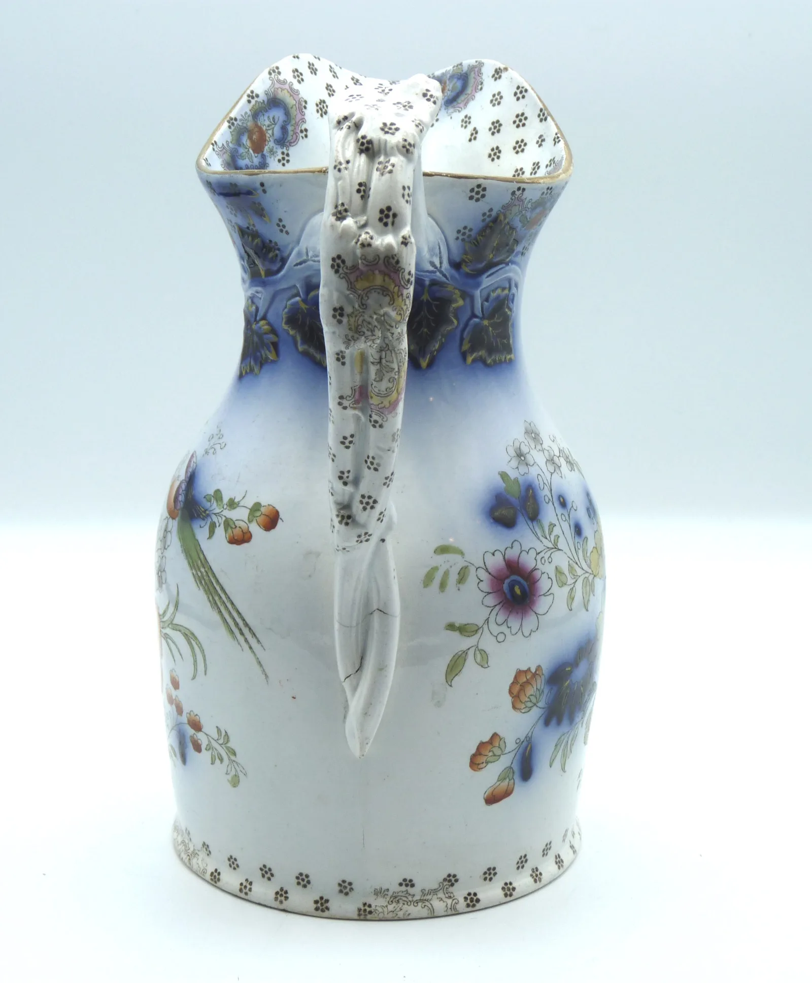 Flow Blue & Polychrome Jug - Exotic Birds and Flowers - Image 4