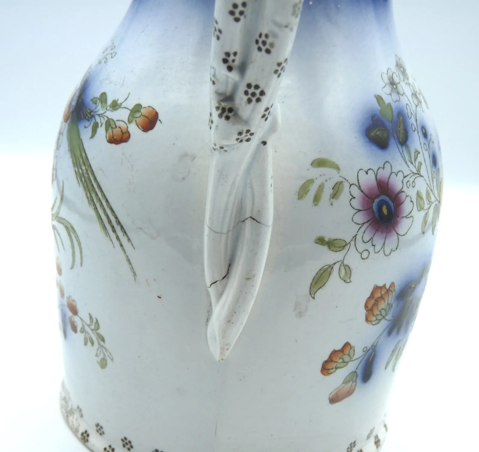 Flow Blue & Polychrome Jug - Exotic Birds and Flowers - Image 5
