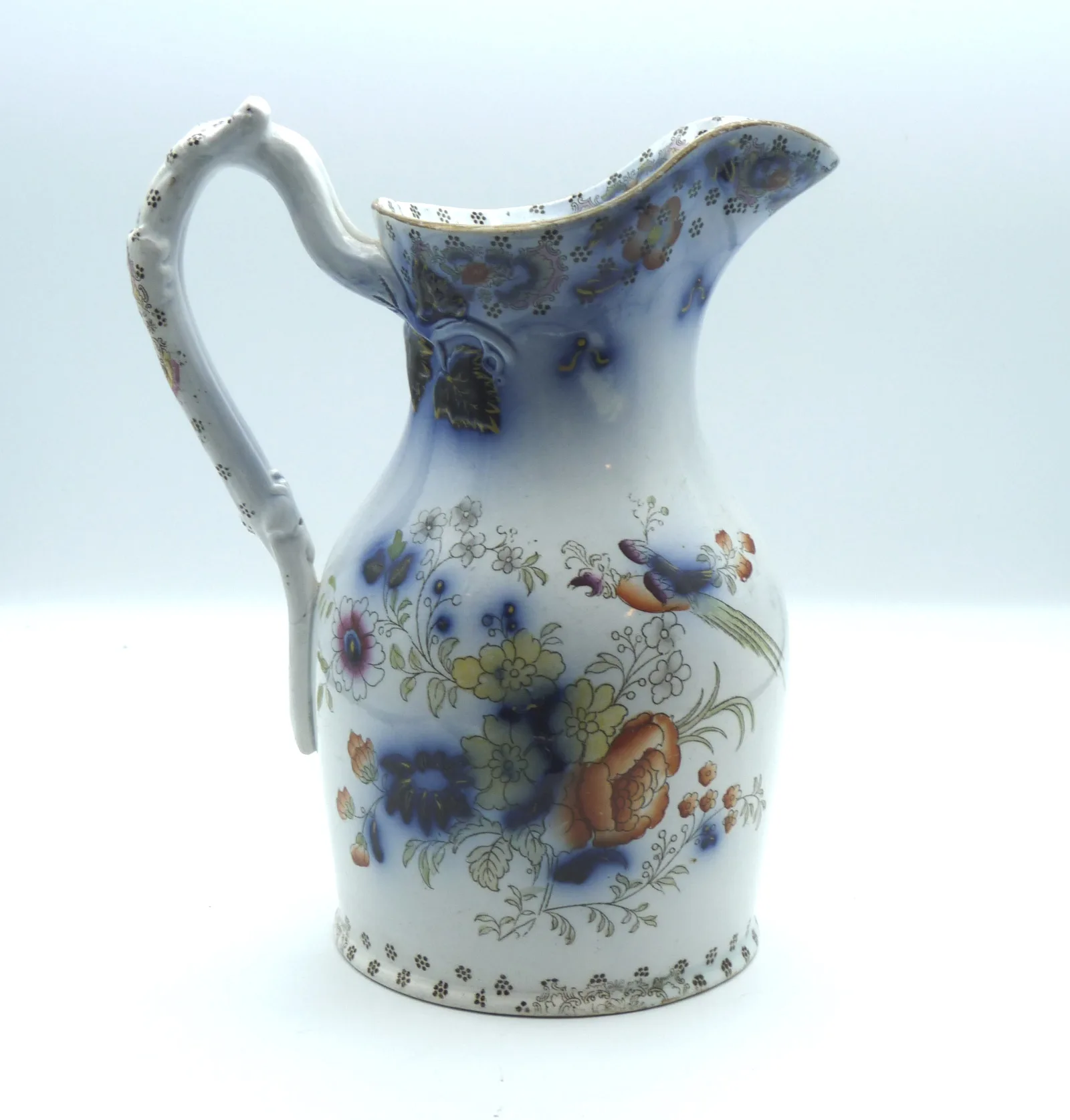 Flow Blue & Polychrome Jug - Exotic Birds and Flowers - Image 8