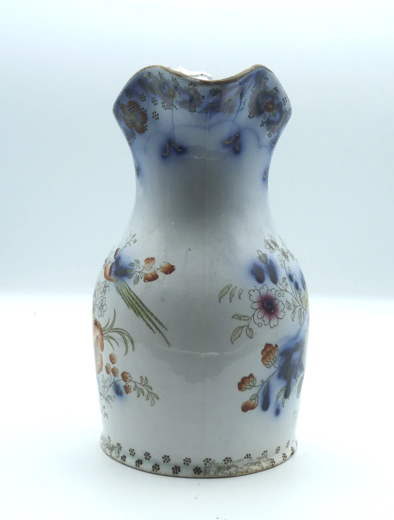 Flow Blue & Polychrome Jug - Exotic Birds and Flowers - Image 9