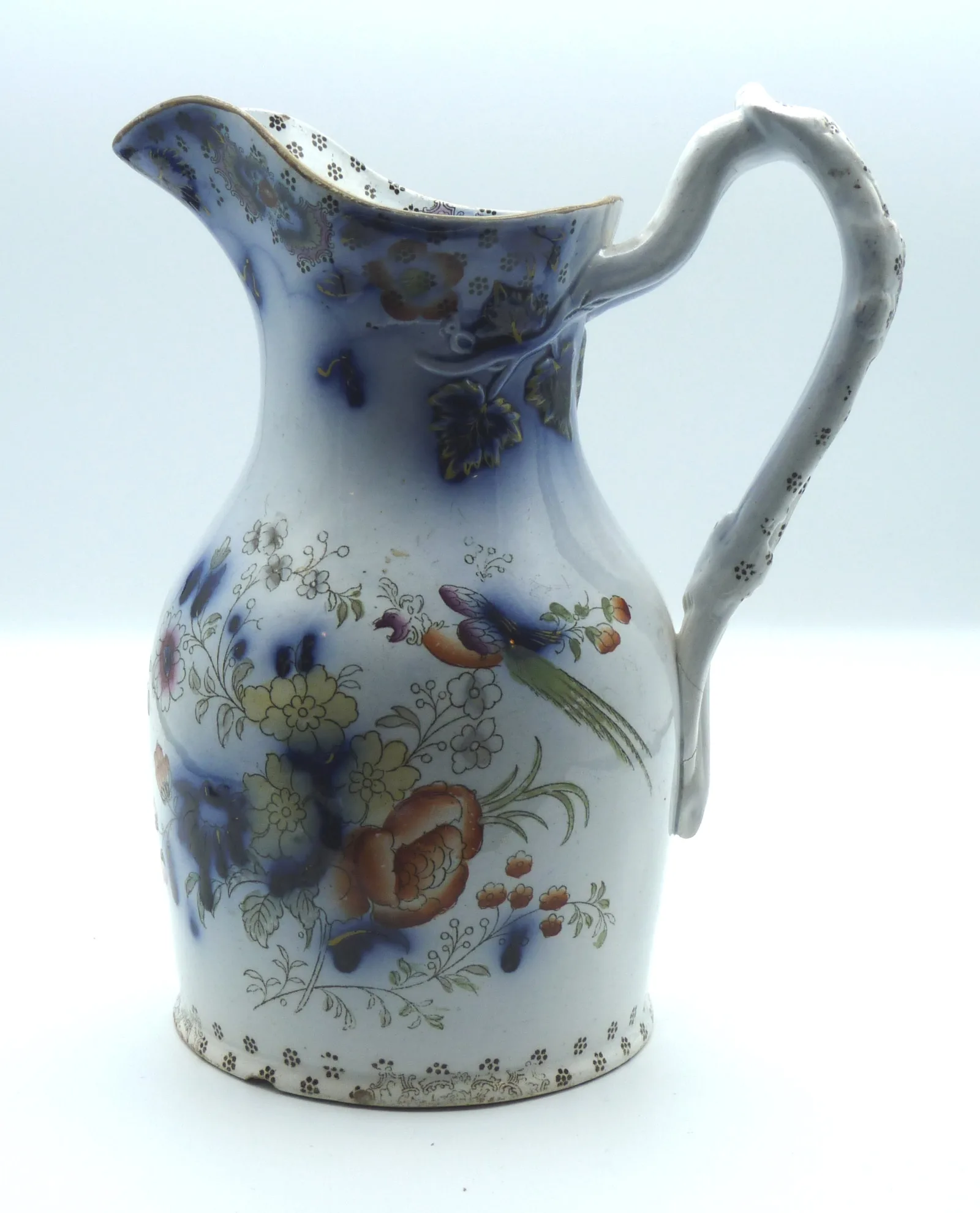 Flow Blue & Polychrome Jug - Exotic Birds and Flowers - Image 10