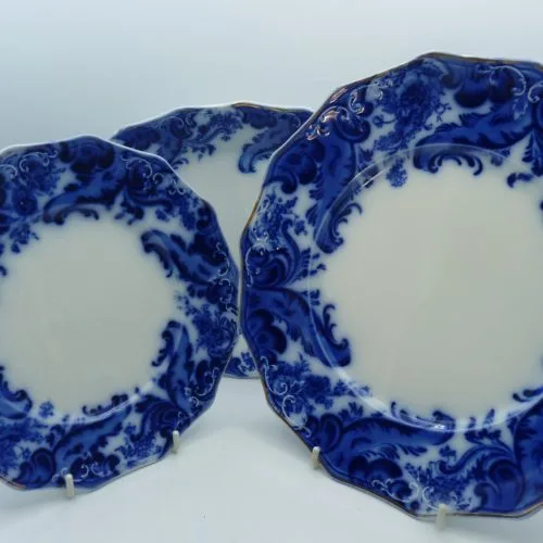 3 Flow Blue pieces in the Argyle pattern, Salad Plate, Dinner Plate and Small Platter ( Bacon platter?)