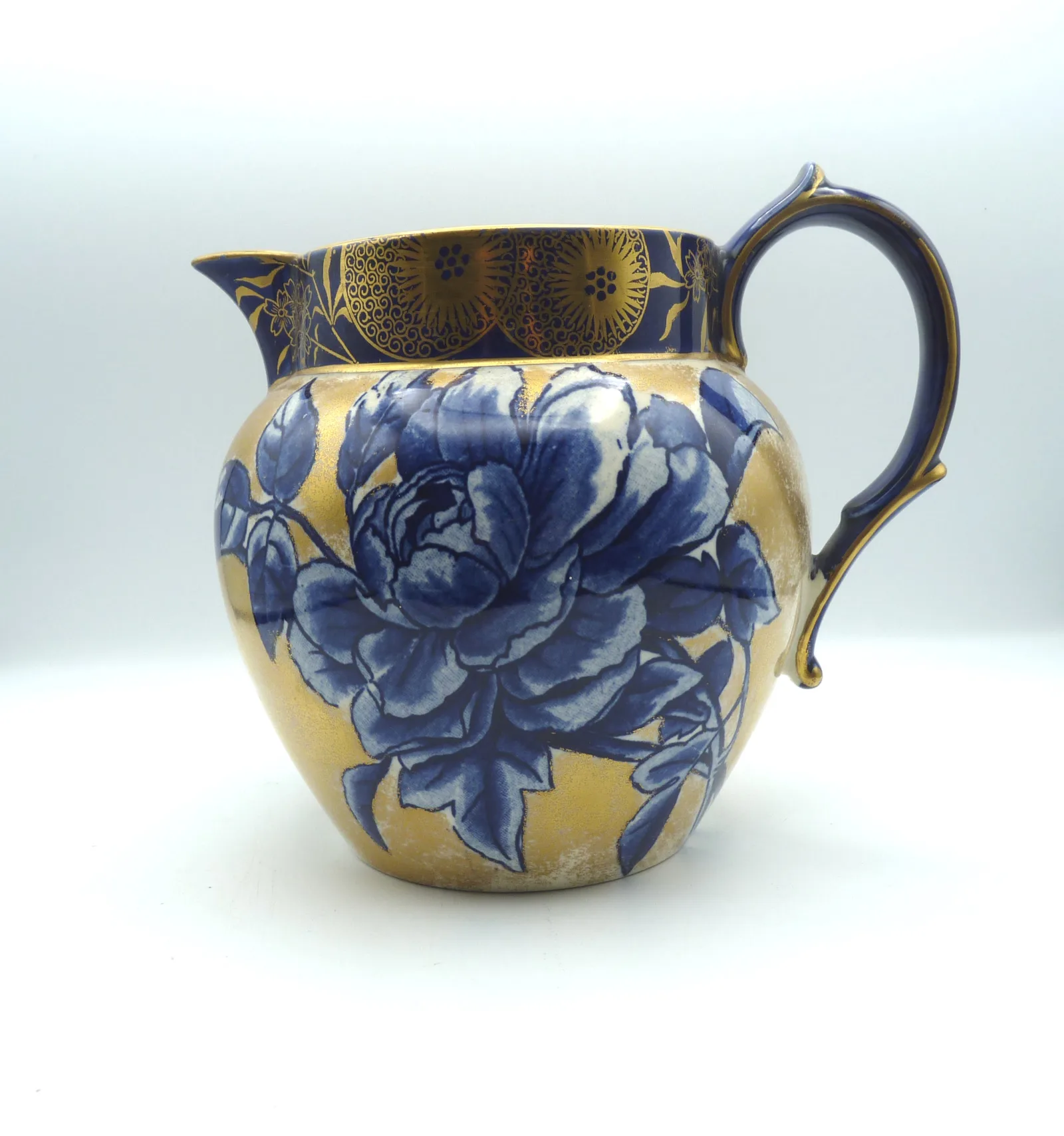 Flow Blue & Gold Large Doulton Jug -Persian Spray Border