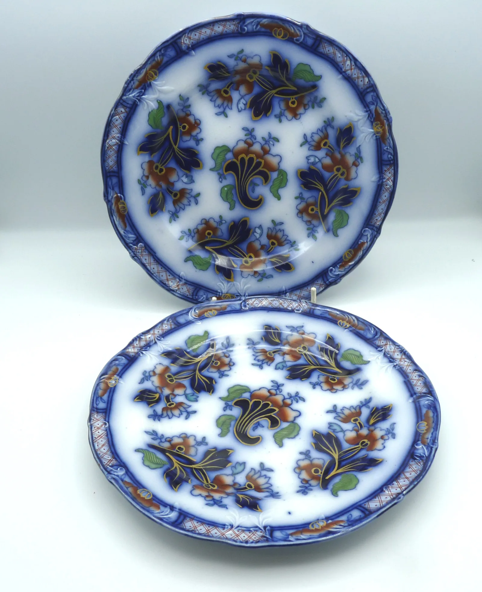 2 Stunning Flow Blue & Polychrome Plates