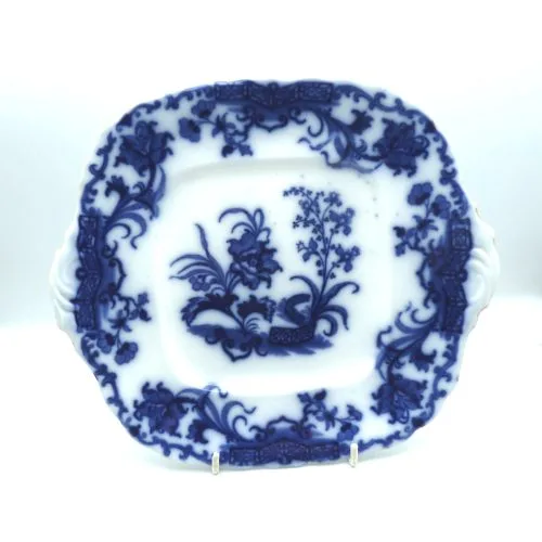 Lovely Tab Handled Flow Blue Cake Plate -Alcock