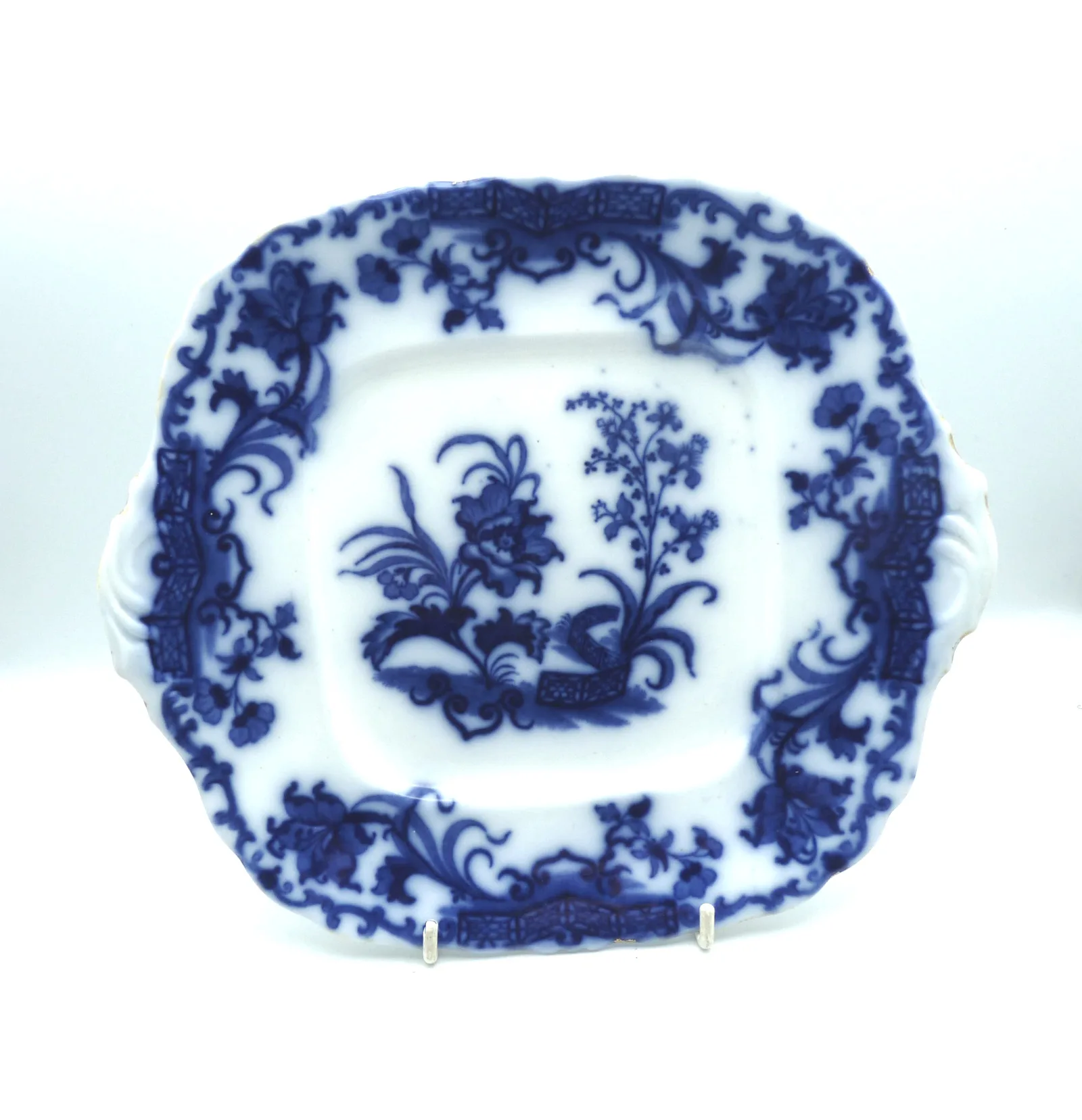 Lovely Tab Handled Flow Blue Cake Plate -Alcock
