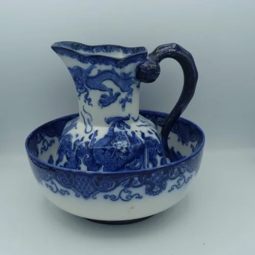 Flow Blue Hydra Jug & Bowl - Oyama - Doulton