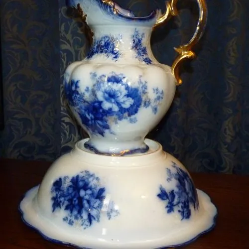 Flow Blue with Gold  – Peony – Meakin Wash Jug & Bowl