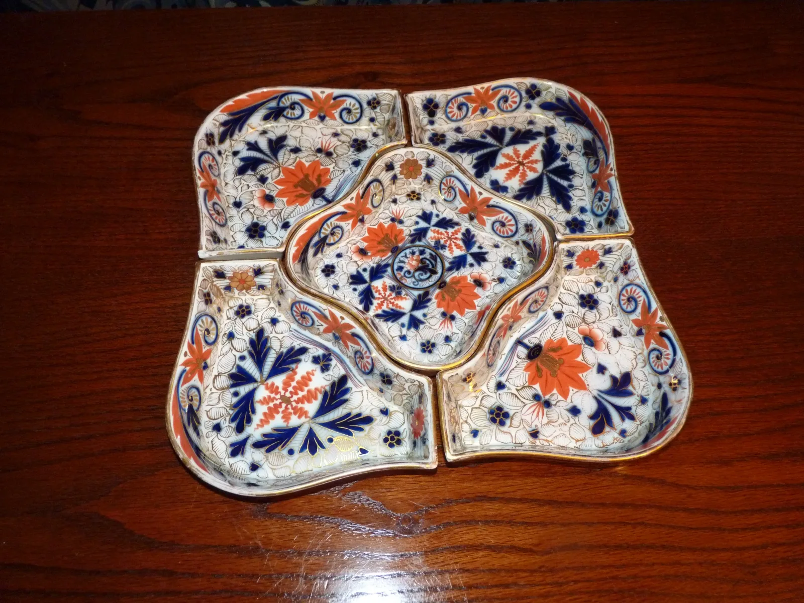 Flow Blue Polychrome & Gold Hors D ’Oeuvre Set - Imari Colours -