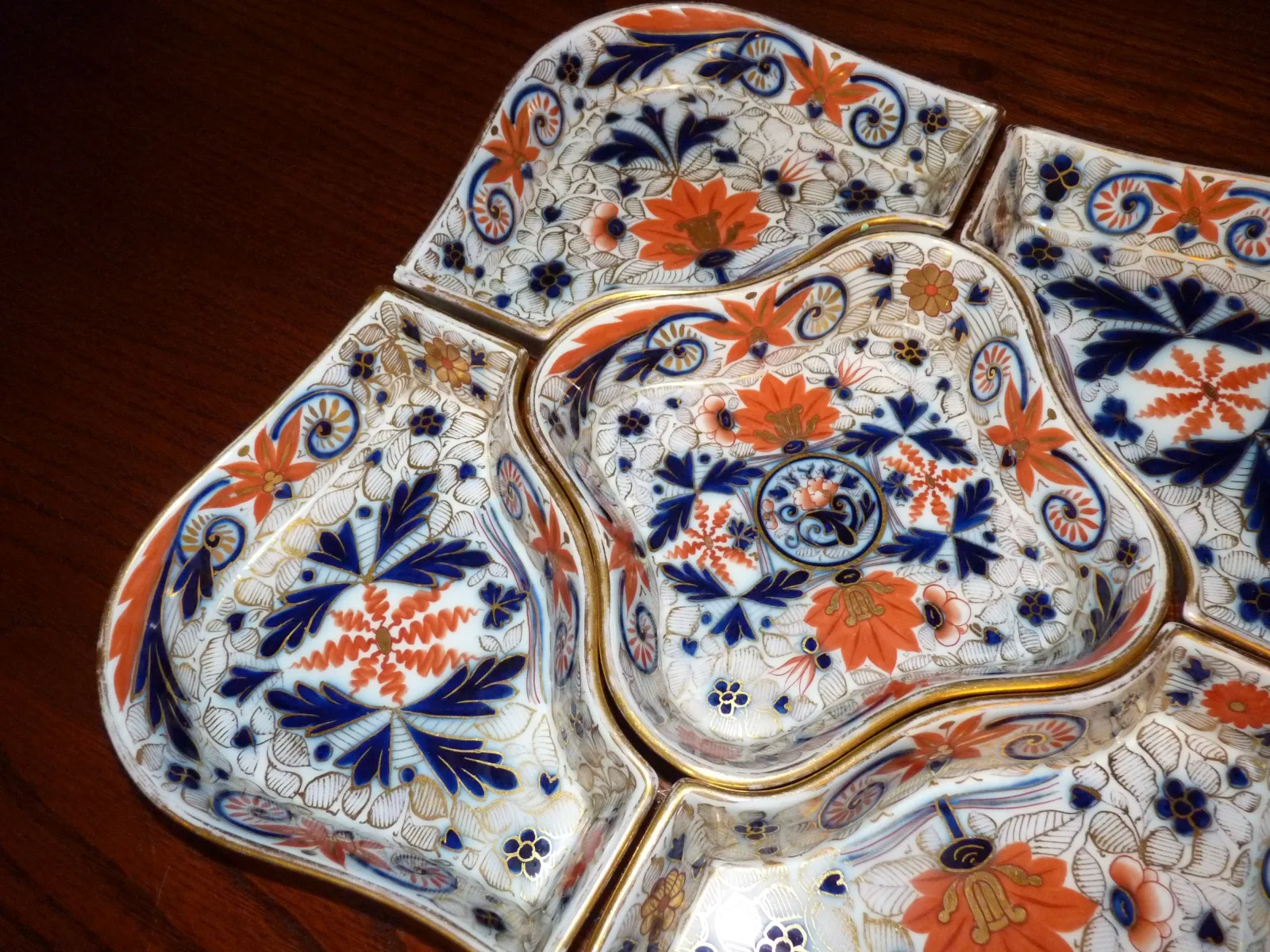 Flow Blue Polychrome & Gold Hors D ’Oeuvre Set - Imari Colours - - Image 7