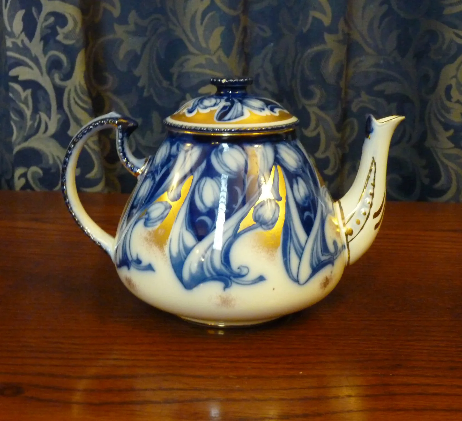 Flow Blue & Gold Teapot – “Florette” - Burgess & Leigh