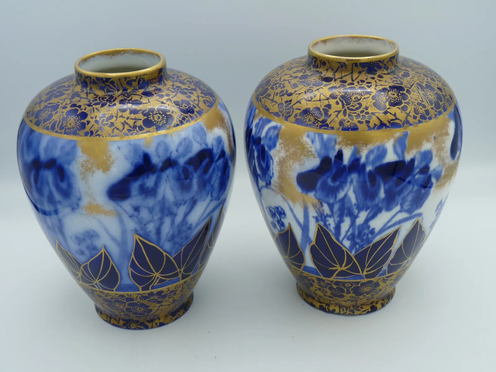 Stunning Pair of Flow Blue & Gold Vases - Iris
