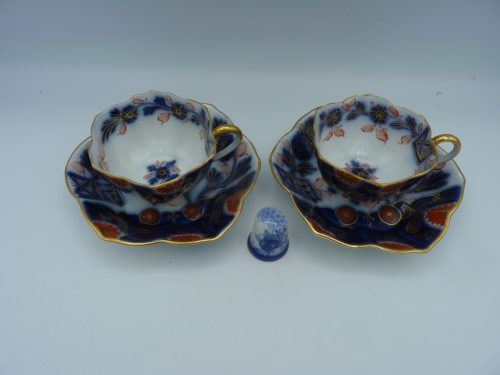 Pair of Flow Blue Polychrome Highlighted with gold Miniature Cups and Saucers - Image 7