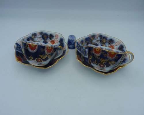 Pair of Flow Blue Polychrome Highlighted with gold Miniature Cups and Saucers - Image 6