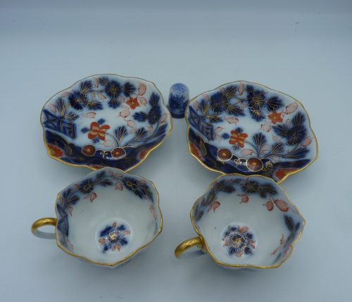 Pair of Flow Blue Polychrome Highlighted with gold Miniature Cups and Saucers - Image 4