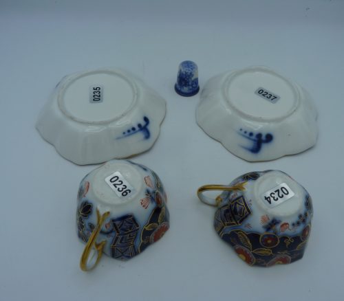 Pair of Flow Blue Polychrome Highlighted with gold Miniature Cups and Saucers - Image 2