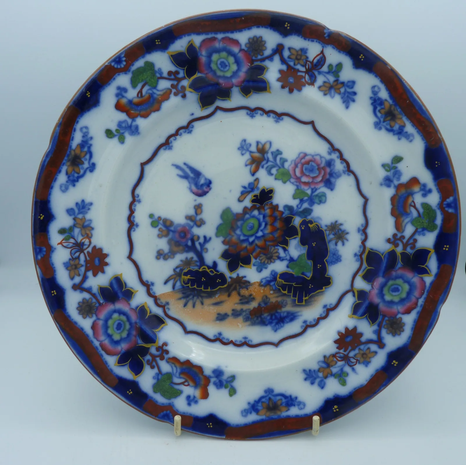 Beautiful Flow Blue & Polychrome Early Plate