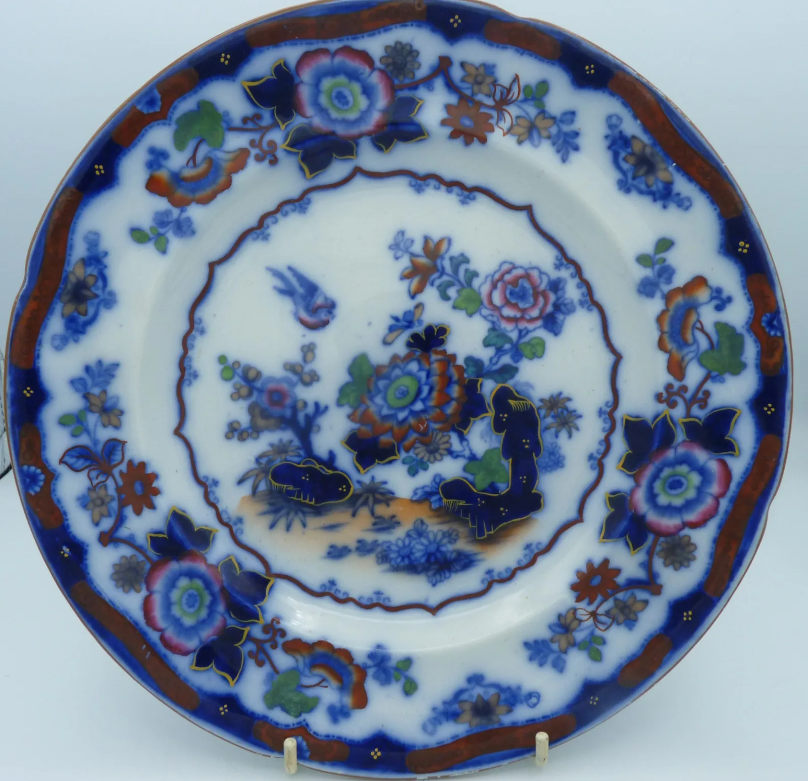 Beautiful Flow Blue & Polychrome Early Plate - Image 11