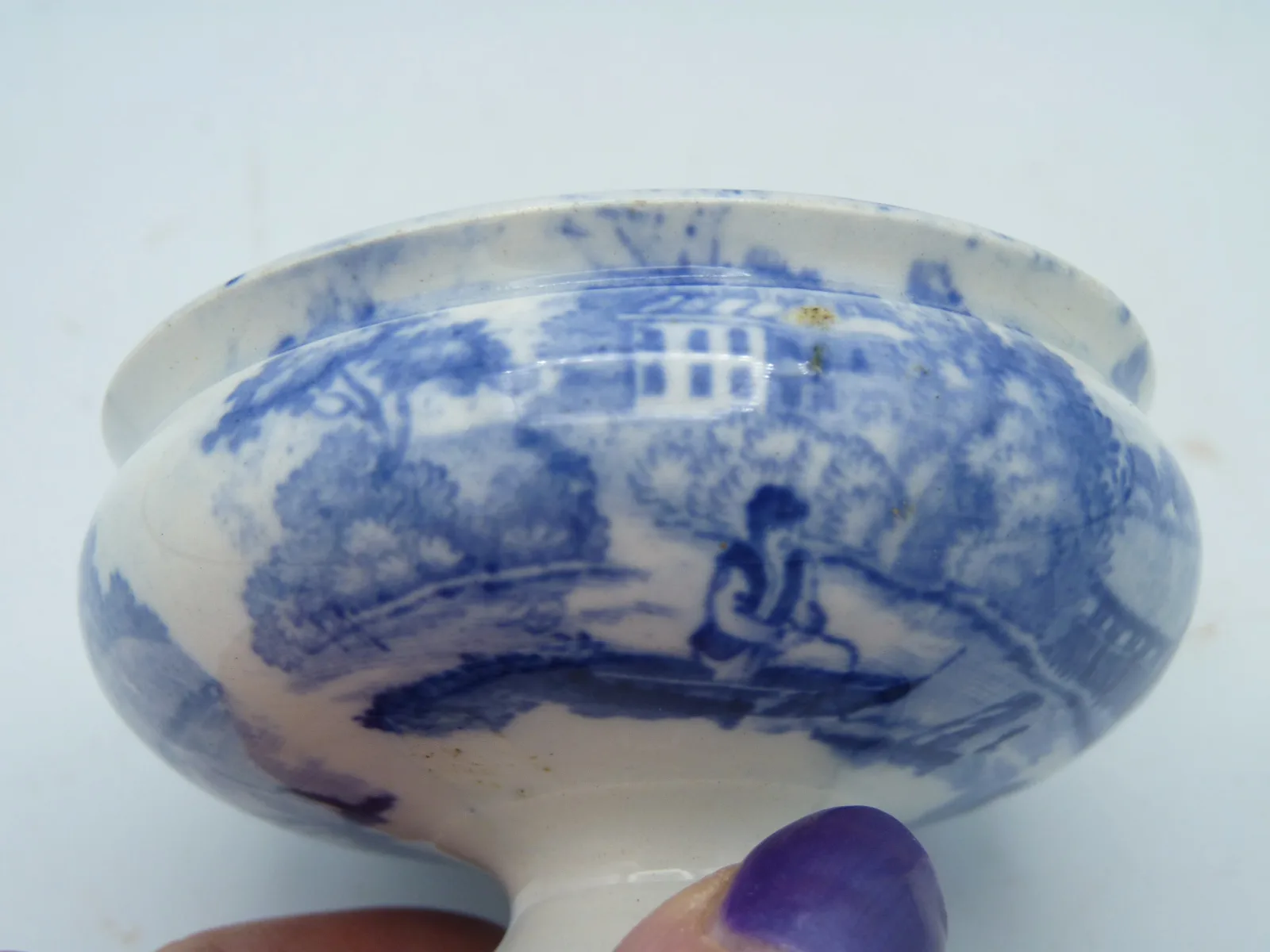 Blue & White Transferware Salt Dip - English Rural Scene - Image 7