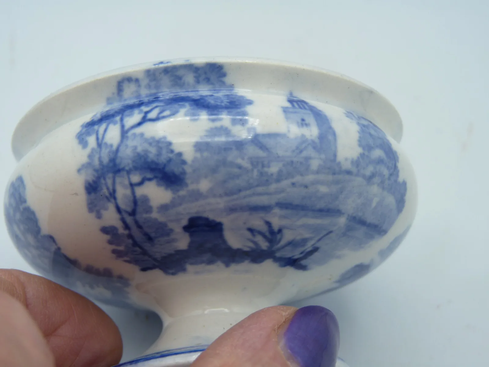 Blue & White Transferware Salt Dip - English Rural Scene - Image 6