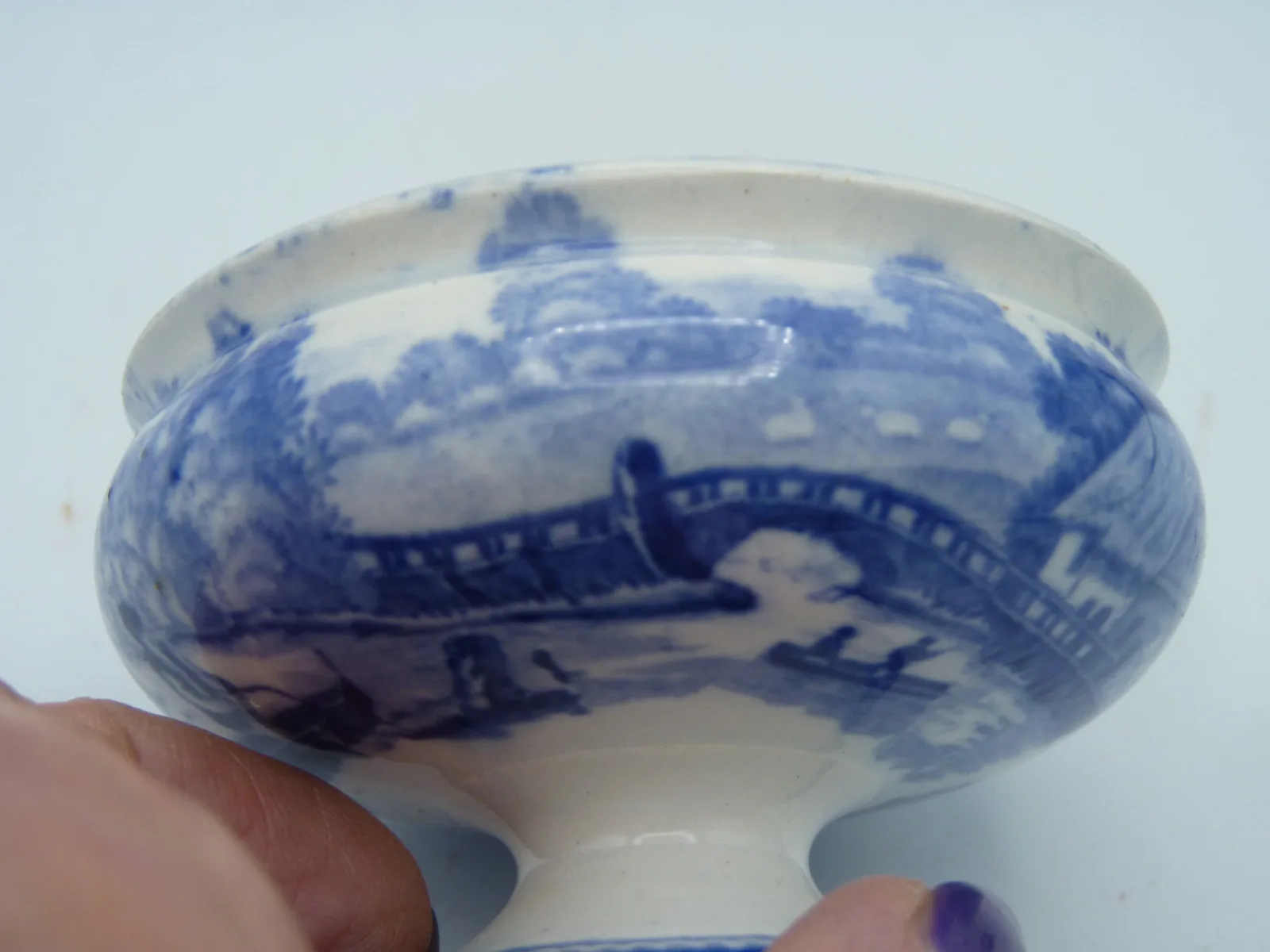 Blue & White Transferware Salt Dip - English Rural Scene - Image 5